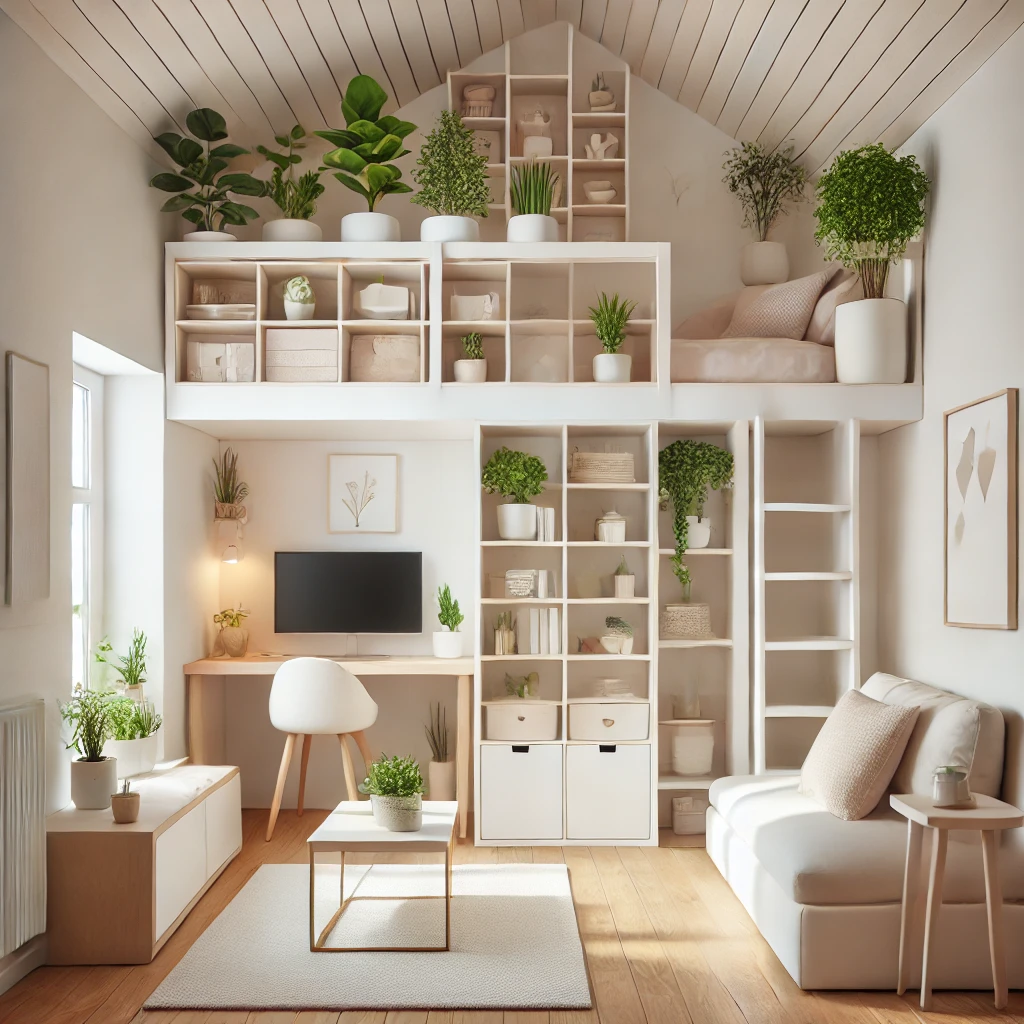 DALL·E 2024-10-25 10.00.13 – A bright, modern interior showcasing clever use of small space, with a cozy reading nook under a lofted area, built-in shelves filled with plants and