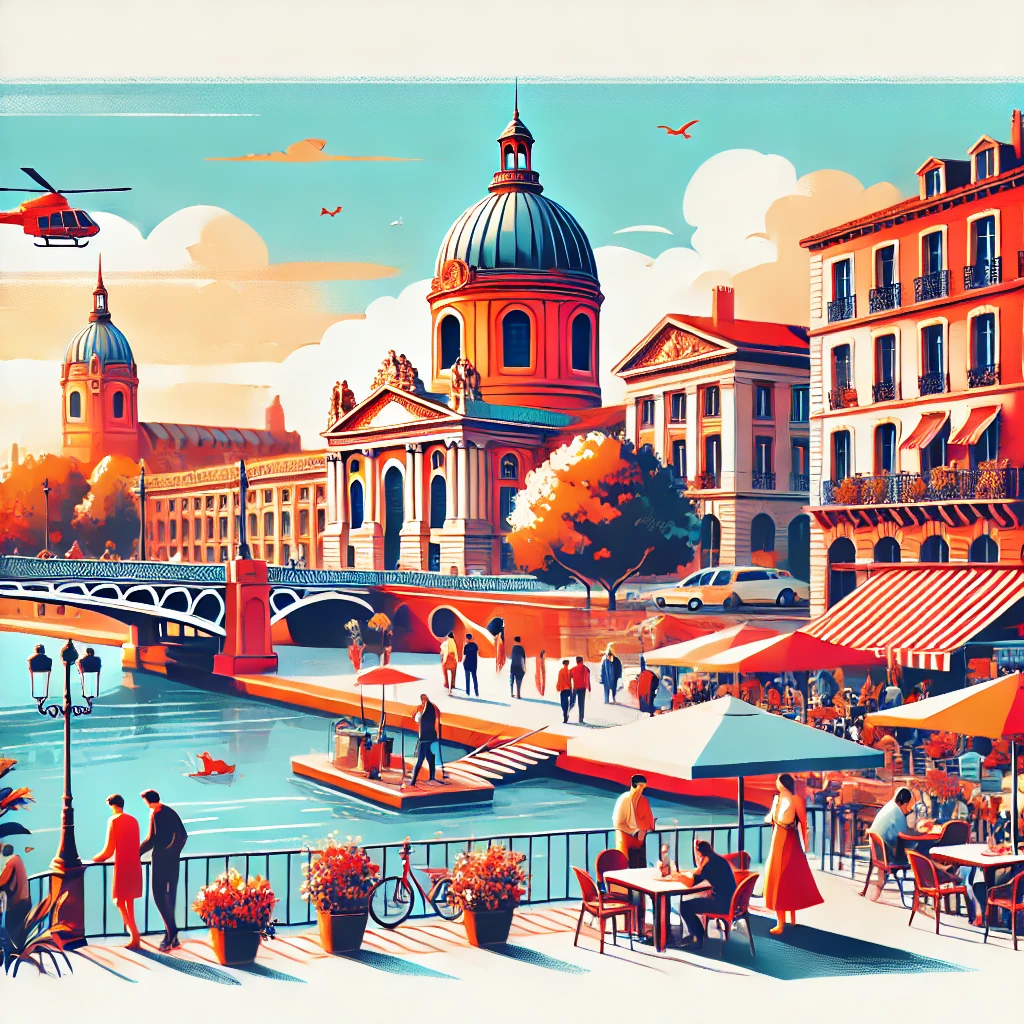 DALL·E 2024-10-30 08.40.19 – A lively and vibrant illustration for a blog post titled ‘Discover the 10 Must-See Spots for a Memorable Day Out in Toulouse.’ The scene shows popular